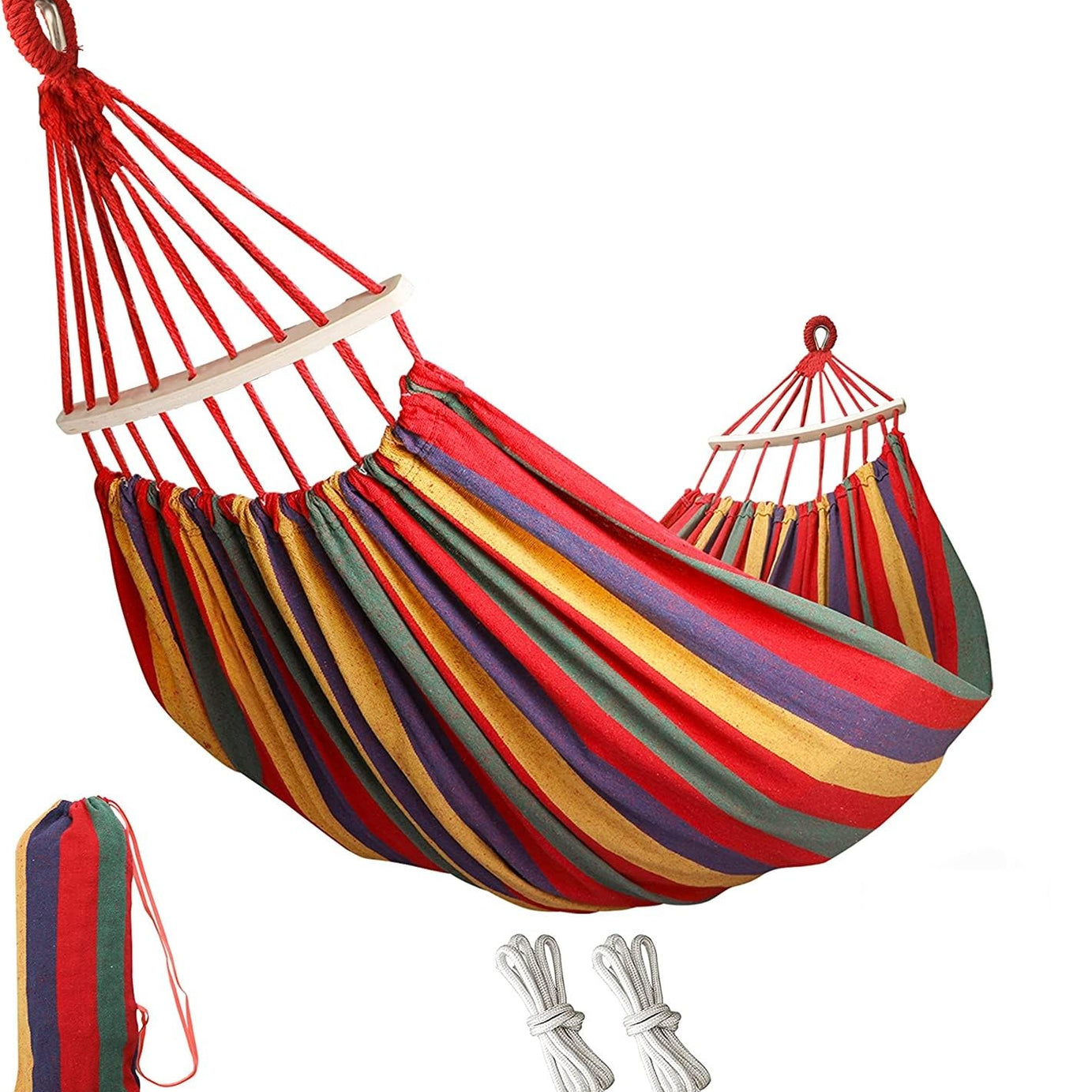 Baskety Outdoor Camping Canvas Fabric Portable Garden Hammocks Striped Ultralight Beach Swing Bed with Strong Rope,Cotton Striped Foldable Hammock, Hanging Bed for Camping & Outdoor Activities