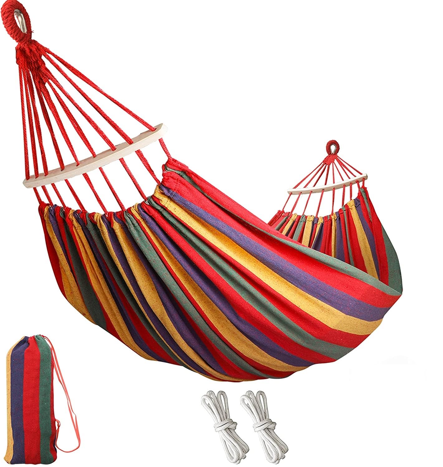 Baskety Outdoor Camping Canvas Fabric Portable Garden Hammocks Striped Ultralight Beach Swing Bed with Strong Rope,Cotton Striped Foldable Hammock, Hanging Bed for Camping & Outdoor Activities