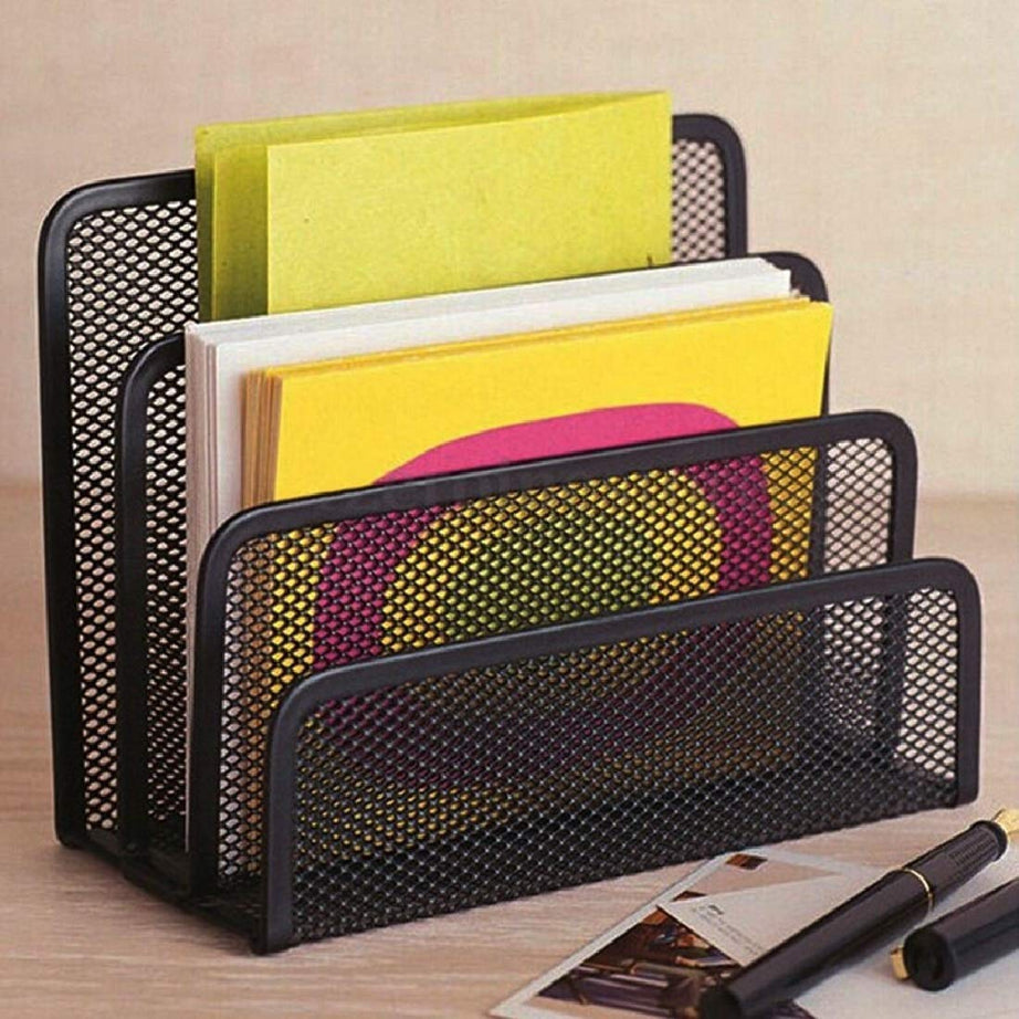 Kazenzo 3 Compartments Metal Office Storage Black Mesh Letter Paper File Storage Freestanding Rack Holder Tray Desk Organizer Fashion Office Supplies, Floating Shelves