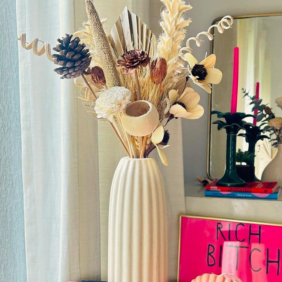 Bliss Hohm Ripped Ceramic Flower Vase for Home Decor and Gifting, Ribbed Decorative Vase for Living Room, Pampas Grass Vase, Ceramic Off-white long Vase (8.5 Inch, Ripped)