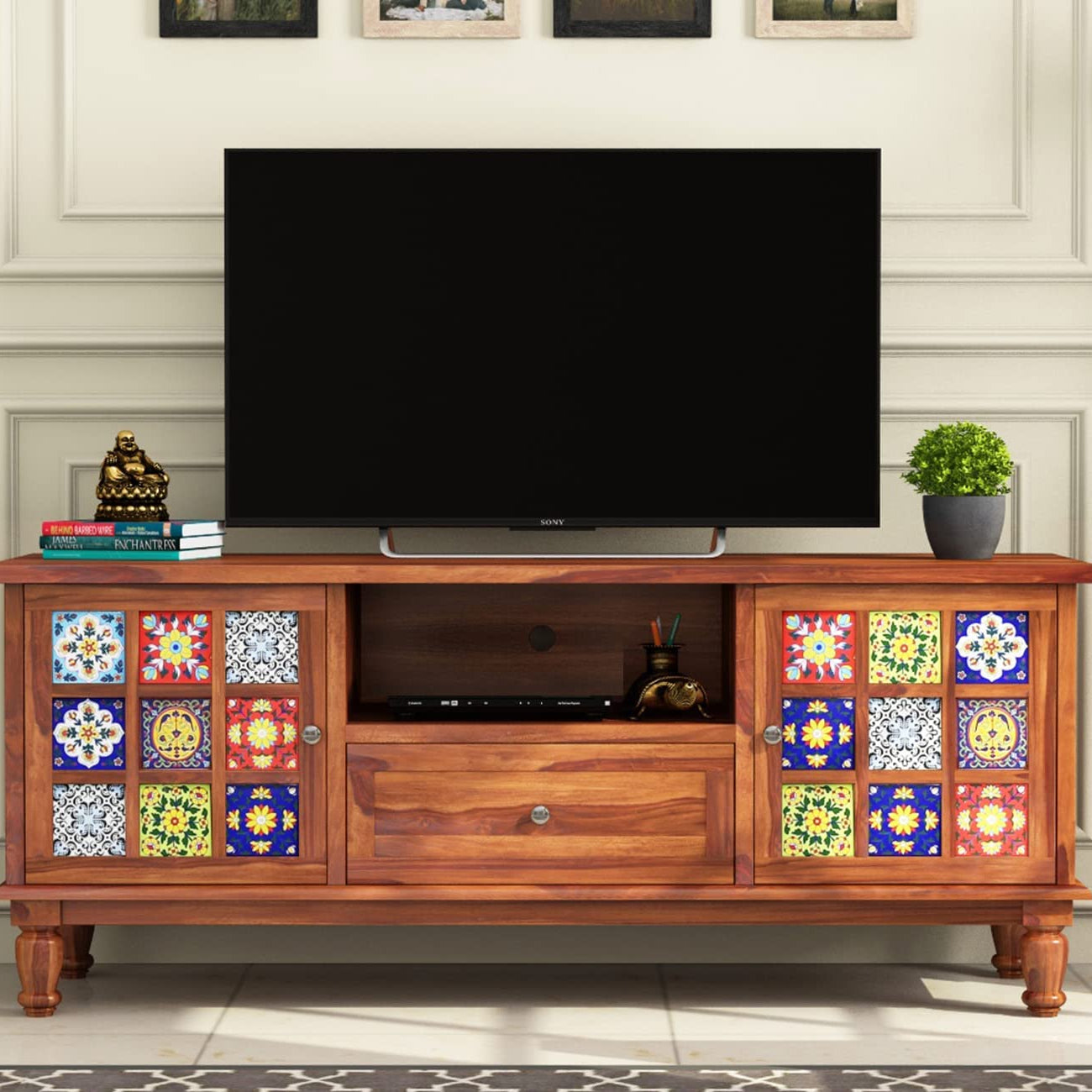 The Little Wood Solid sheesham Wood tv Unit 1 Drawer 2 Door Cabinet Natural Teak Finish Colour Brown