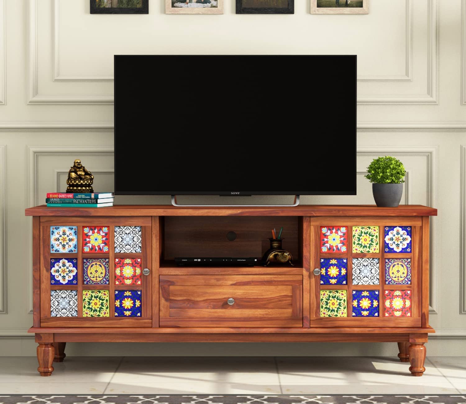 The Little Wood Solid sheesham Wood tv Unit 1 Drawer 2 Door Cabinet Natural Teak Finish Colour Brown