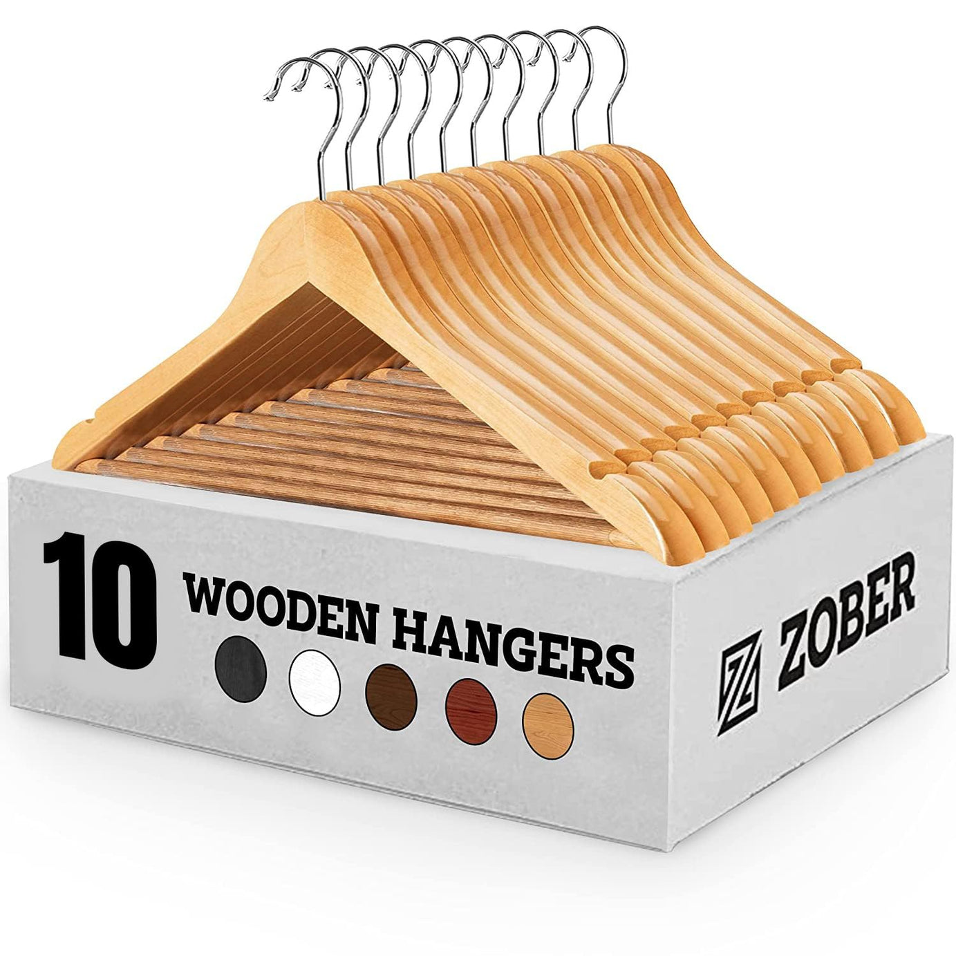 Zober Wooden Suit Hangers Pack of 10 with Non Slip Pants Bar - Smooth Finish Solid Wood Coat Hanger with 360° Swivel Hook and Precisely Cut Notches for Camisole, Jacket, Pant, Dress Clothes Hangers