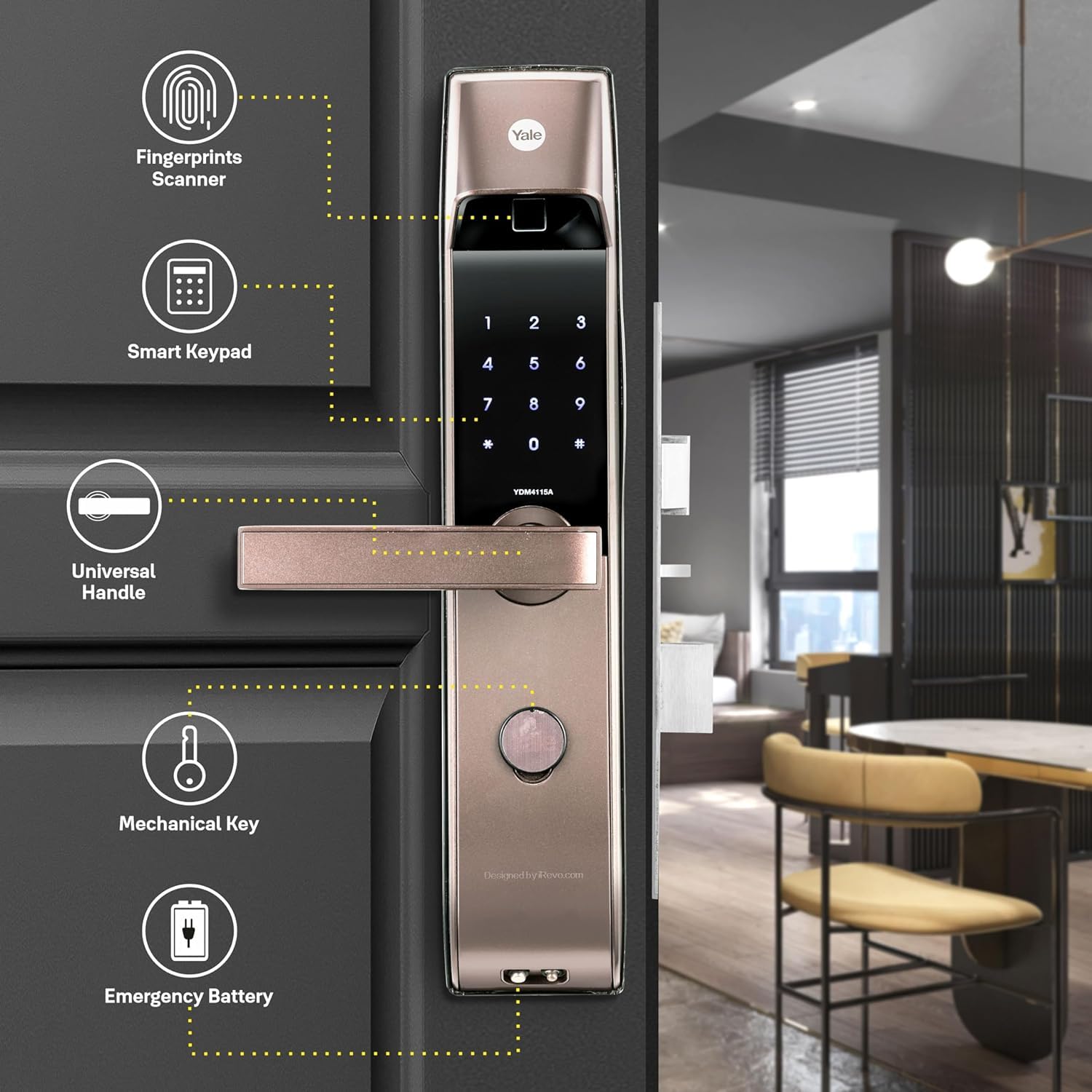 Yale YDM 4115-A, Smart Door Lock with Biometric, Pincode, Mechanical Keys & App Enabled Access, Bluetooth & Wi-Fi Optional for Home & Office | 1 Year Warranty| Matte Finish | Bronze