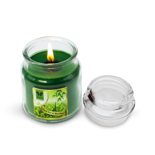 IRIS Jar Candle, Green Tea and Bamboo, Fresh Dewy Fragrance, Elegant and Mesmerizing Home Fragrance Solutions, Fragrances for Fine Living, Unit of 1 Colored and Scented Jar Candle with Lid