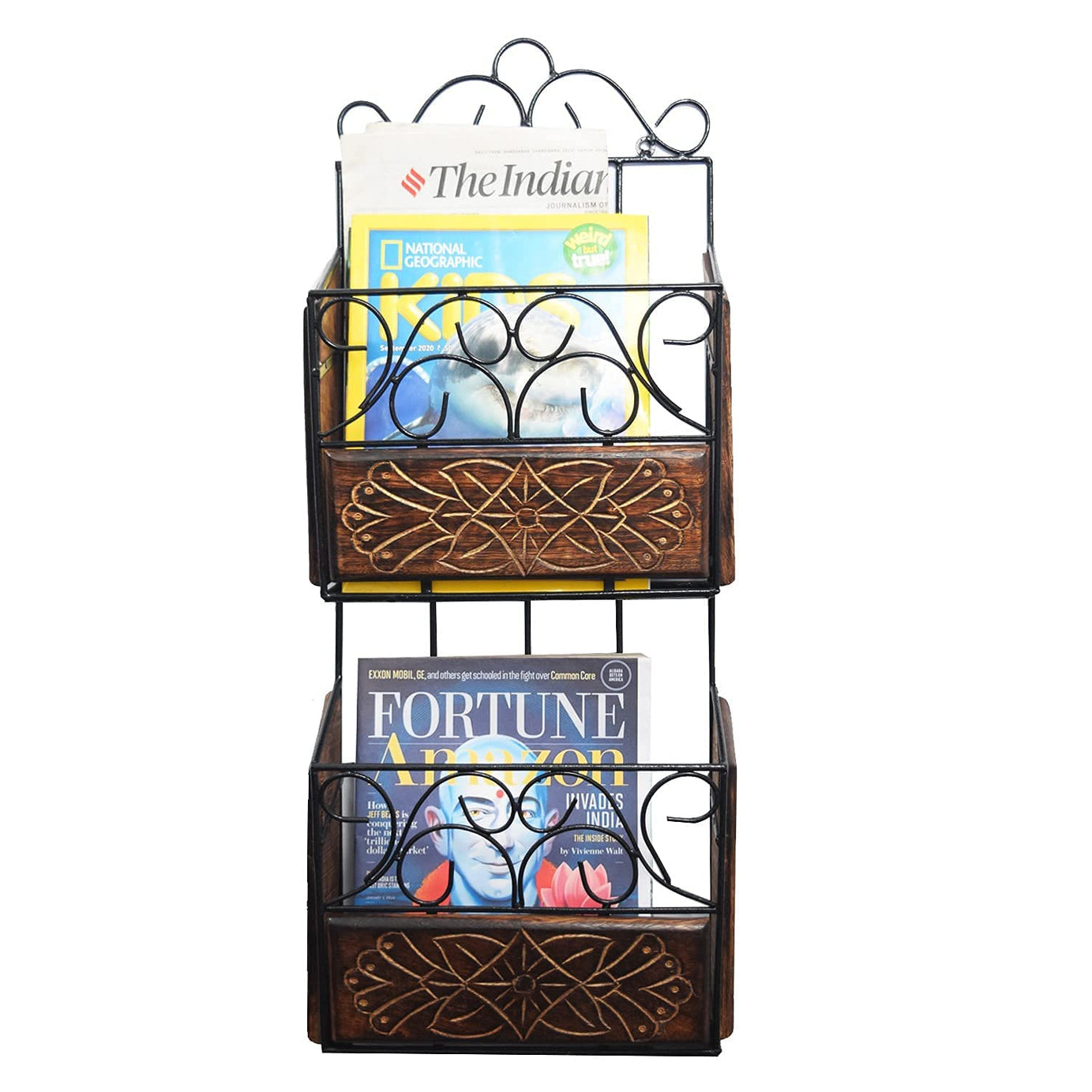 Woodiva Wood and Wrought Iron Modern Elegance Magazine Newspaper and Book Wall Rack, Wall Magazine Holders for Home and Office, Black and Brown, Size:(LxBxH-27x10x73) cm