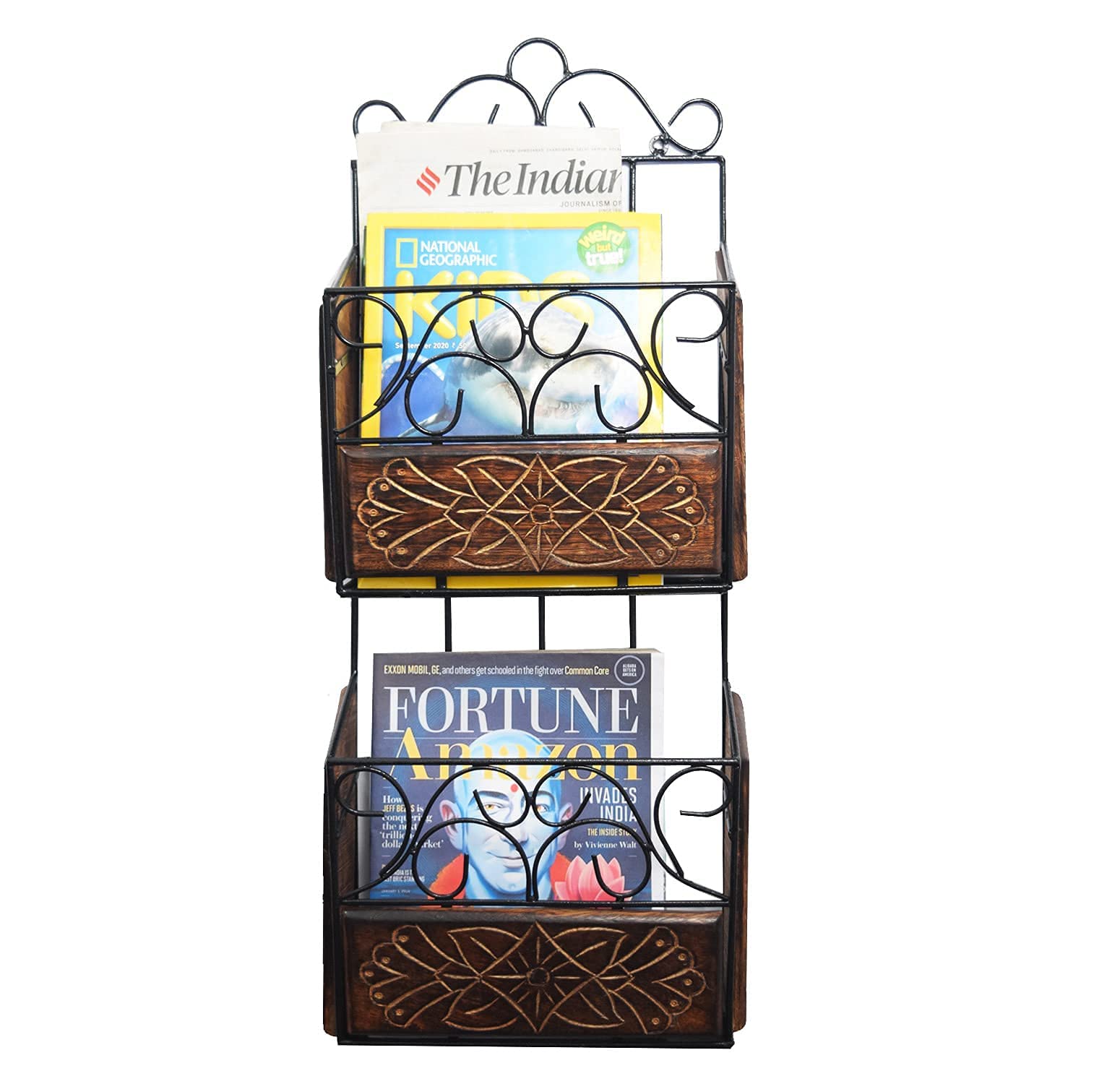 Woodiva Wood and Wrought Iron Modern Elegance Magazine Newspaper and Book Wall Rack, Wall Magazine Holders for Home and Office, Black and Brown, Size:(LxBxH-27x10x73) cm