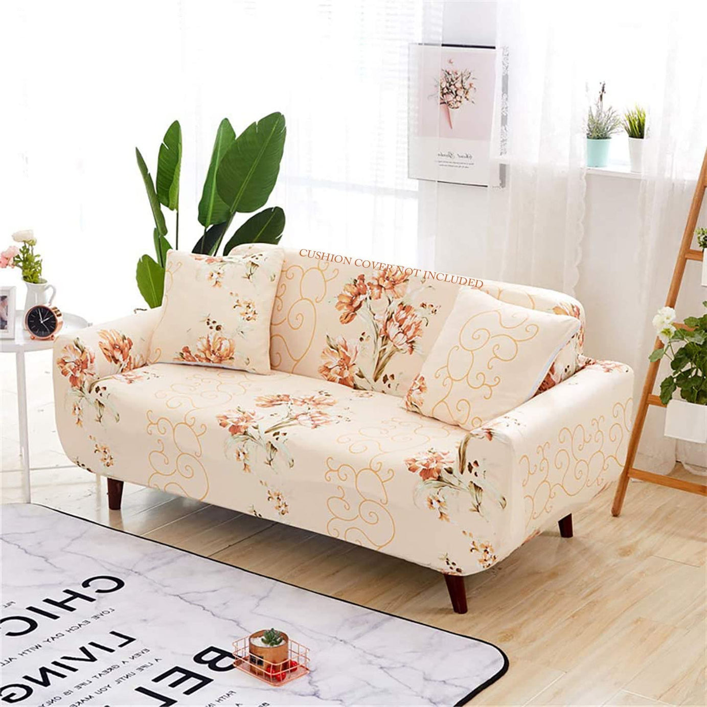 House of Quirk Universal Double Seater Sofa Cover Big Elasticity Cover for Couch Flexible Stretch Sofa Slipcover 140 GSM (Beige Marigold, 145-185cm)