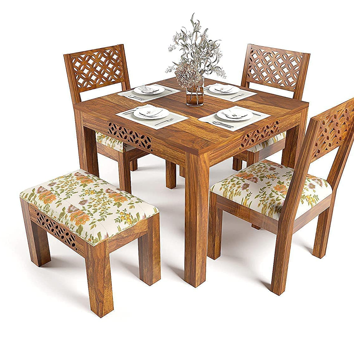 KD FURNITURES HOME Sheesham Wood 4 Seater Dining Table with Bench & Chair || Dining Table Set || Dining Room Set || Dining Table 4 Seater || 4 Seater,Teak Finish