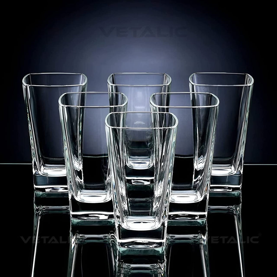 Vetalic Plastic Square Polycarbonate Water Unbreakable Plastic Glass Set of 6, Plastic Water Glasses, Juice Glasses, Beer Glass, Drinking Glass (Glasses Set of 6, 300ml, Plastic, Transparent)