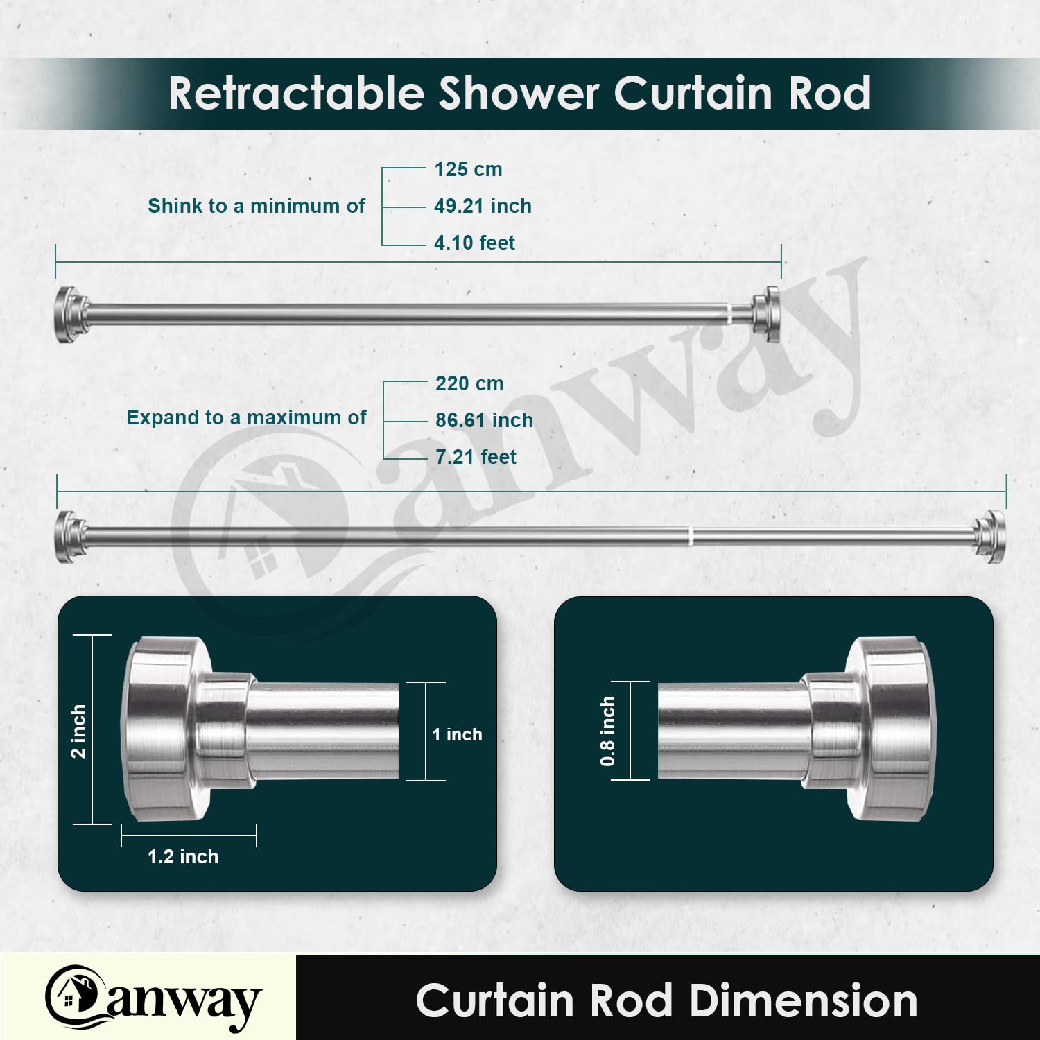 CANWAY Stainless Steel (125Cm To 220Cm) Extendable Shower Curtain Tension Rod Non-Drilling Anti-Skid Spring Pull Rod,Silver