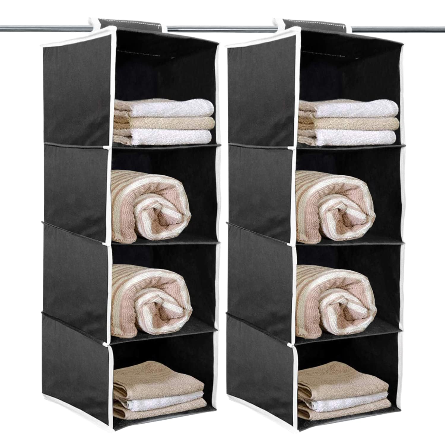 Kuber Industries 4 shelf Closet Organizer for Wardrobe|Non-woven Collapsible Wardrobe|Hanging Shelf for clothes|4 shelves Cloth Organizer|Pack of 2 (Black)