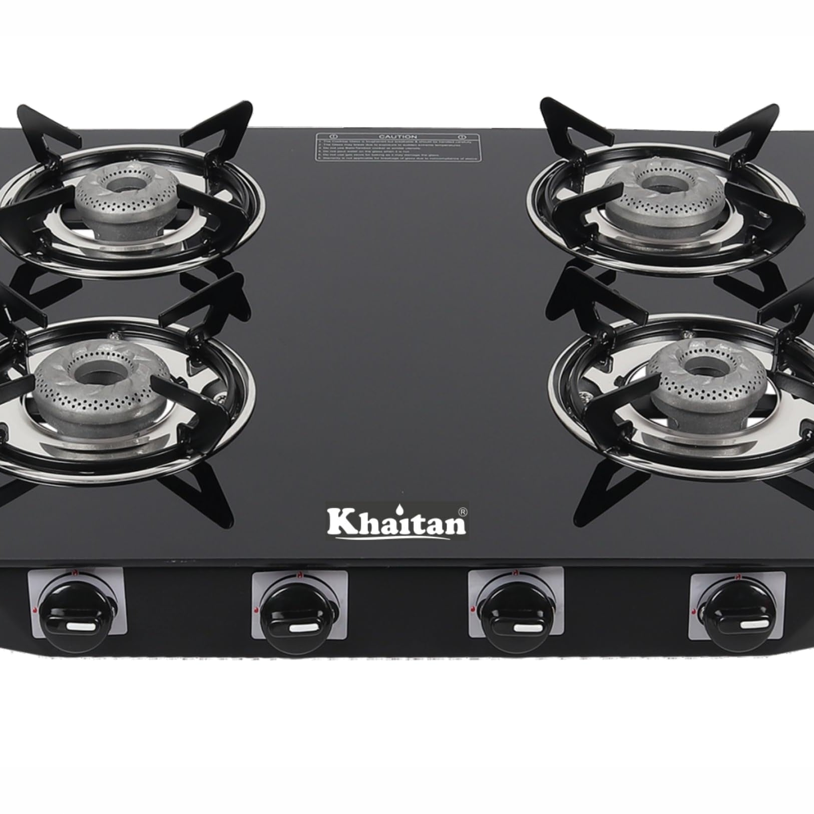 Khaitan 4 Burner Active Forge Black Toughened Glass | LPG Cooktop I Manual Ignition | Ergonomic Knob | with 1 Year Warranty | Pan India Service | LP Gas Stove | ISI Approved (Black)