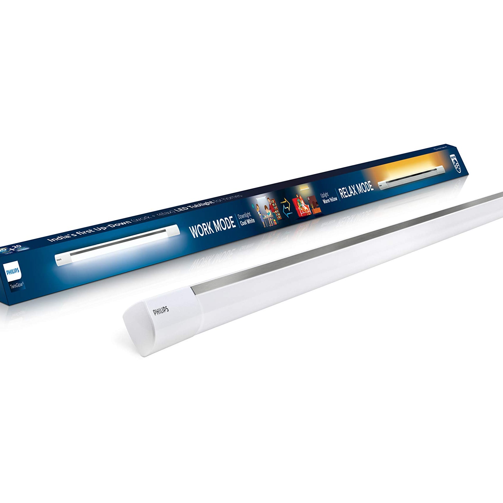 Philips Twinglow 20-Watt +20-Watt Led Up-Down Batten Tubelight (Yellow Uplight Relax Mode and White Downlight Work Mode) Aesthetic Design, Ambience of Downlight & Covelight from Tubelight