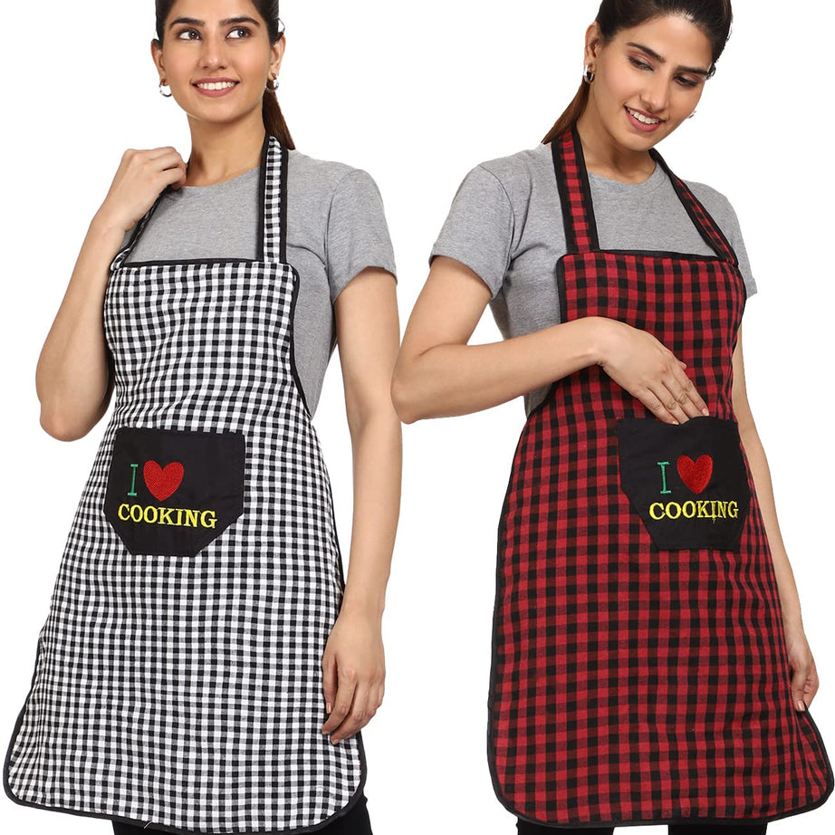 JMI Cotton Checkered Design Waterproof Apron with Multipurpose Front Large Embroidered Pocket Pack of 2 (Black & RED)