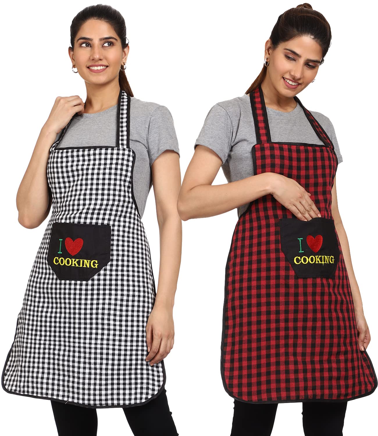 JMI Cotton Checkered Design Waterproof Apron with Multipurpose Front Large Embroidered Pocket Pack of 2 (Black & RED)