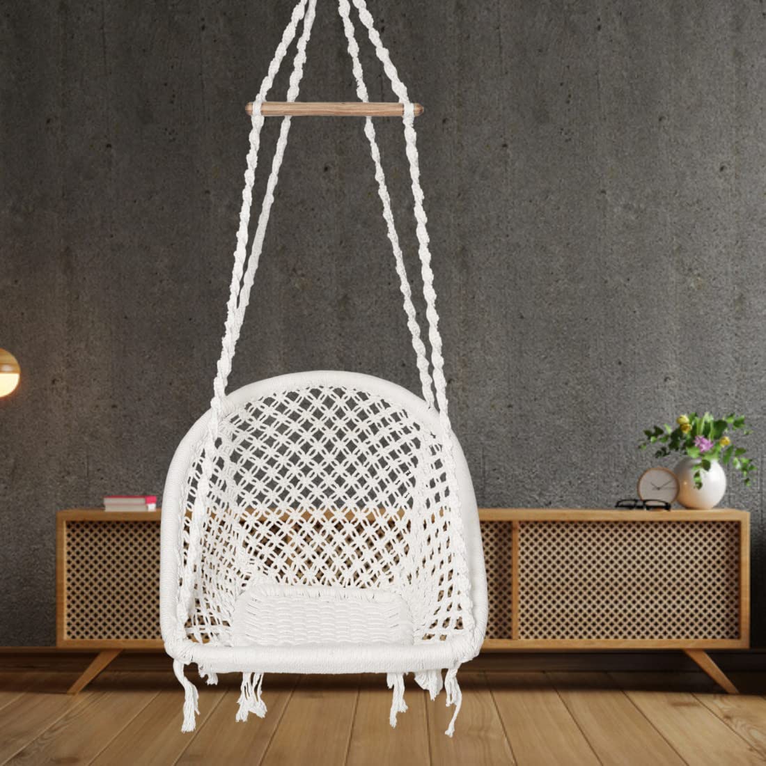 Swing for Adults/Jhula for Adults/Wooden Swing for Living Room/Swing for Balcony/Swing Chair/Swing for Adults for Home/Cotton D Shape Hammock Hanging Swing (White) by Patiofy