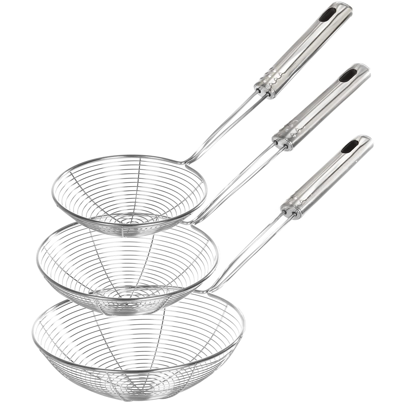 Stainless Steel Spider Strainer Skimmer Ladle, Set of 3 Sizes Kitchen Strainer for Cooking and Frying, Pasta Strainer, Food Preparation, Pasta Strainer