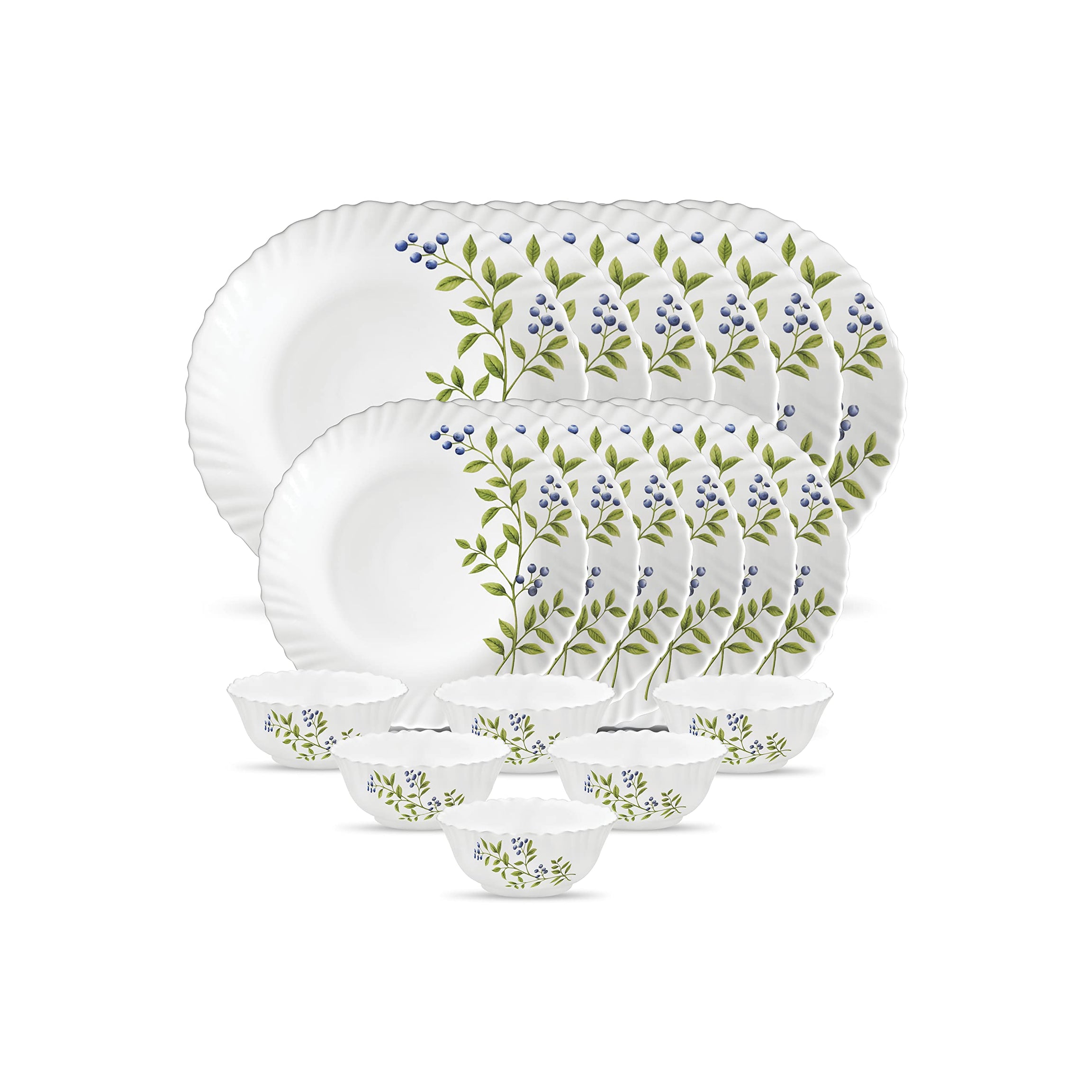 La Opala Novo Collection Opal Glass Crockery | for Family of 6 | Dinner Set 18 pcs Lush Greens | Plates & Bowls for Dining | Microwave Safe | 100% Vegetarian | Extra Strong | Light & White