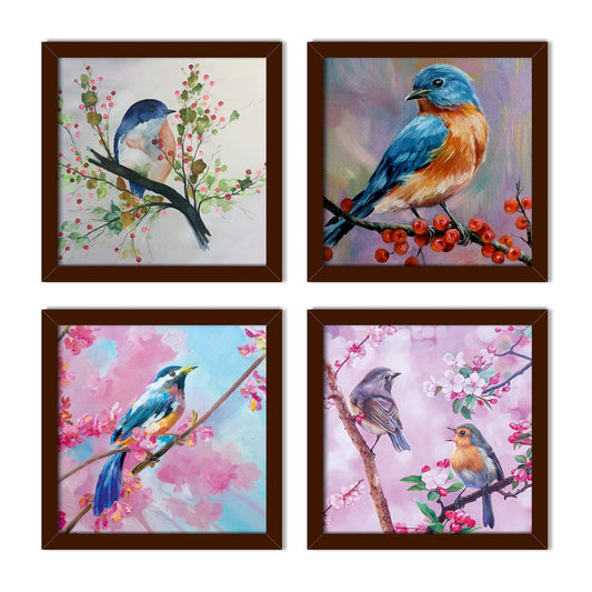 PAPER PLANE DESIGN Birds Painting For Wall Set of 4 Brown Framed Art (BIRDS)