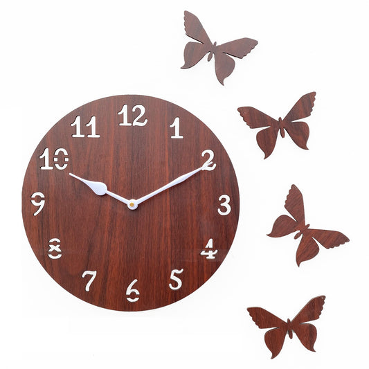 Sehaz Artworks Wall Clock for Living Room Bedroom | Wall Clocks for Home | Designer Wooden Butterflies Clocks for Home Wall Decor 10 inch Brown