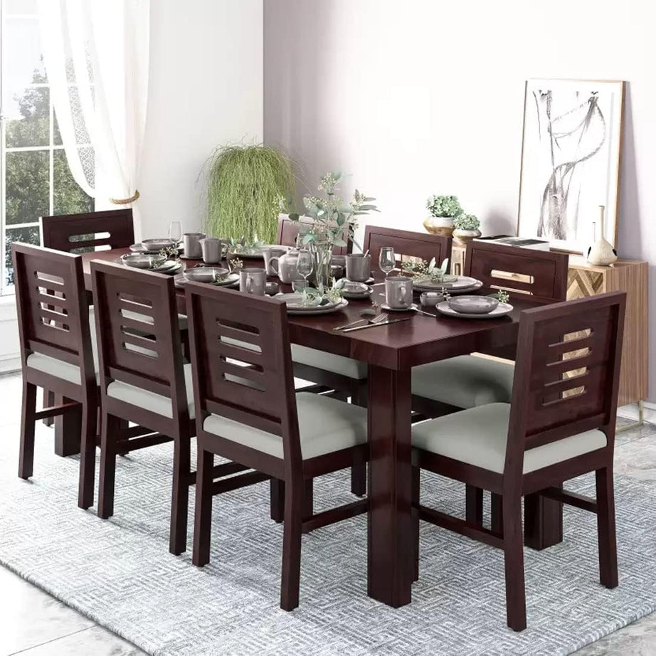 HANDWOOD FURNITURE Sheesham Wood Dining Table(78x35) with 8 Chairs | 8 Seater Dining Set | Wooden Dining Table with Chair - Dining Room Furniture | Finish Color :- Walnut Finish with Cream Cushions