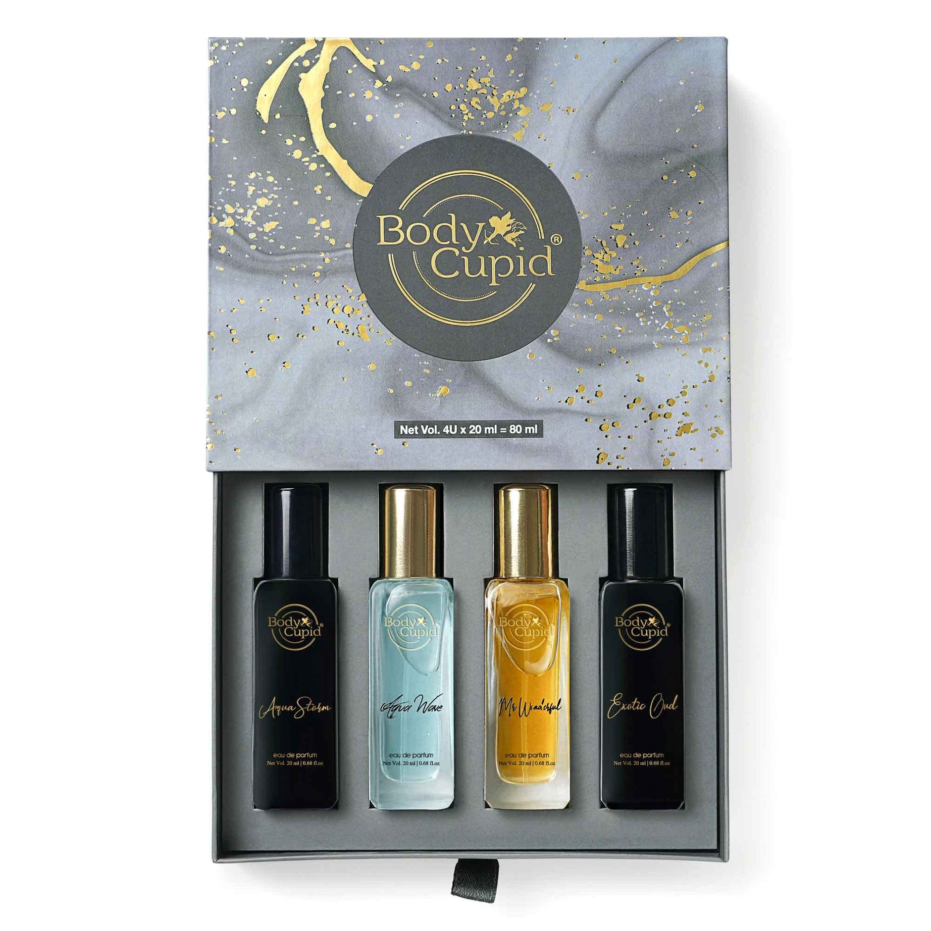 Body Cupid Luxury Perfume Gift Set for Men 4X20 ML | Long Lasting Premium Fragrances | Aqua Wave | Exotic Oud | Mr Wonderful | Aqua Storm | 80 ML