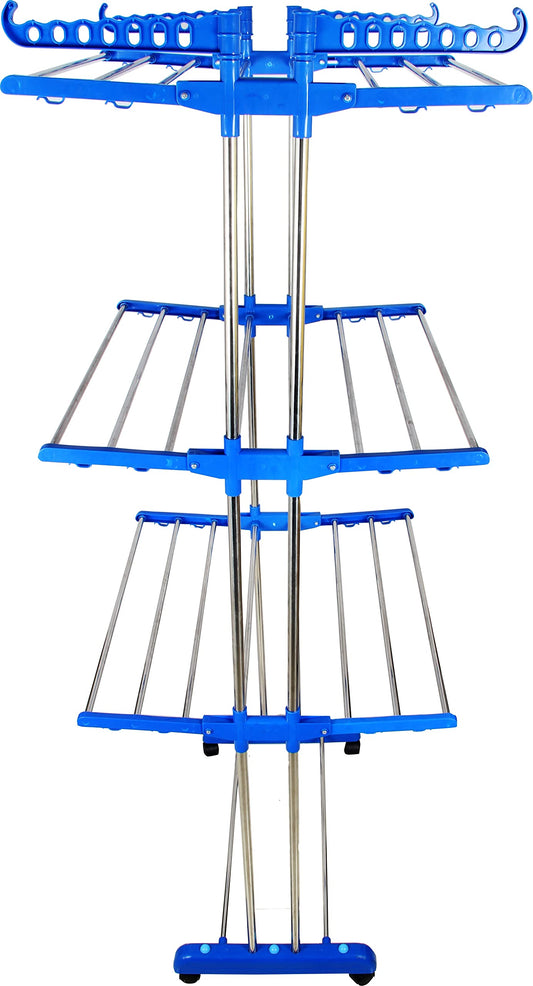 LAKSHAY Double Pipes Supports Drying Stand with Wheels (Blue) Stainless Steel Floor Cloth Dryer Stand (Blue) - Made in India