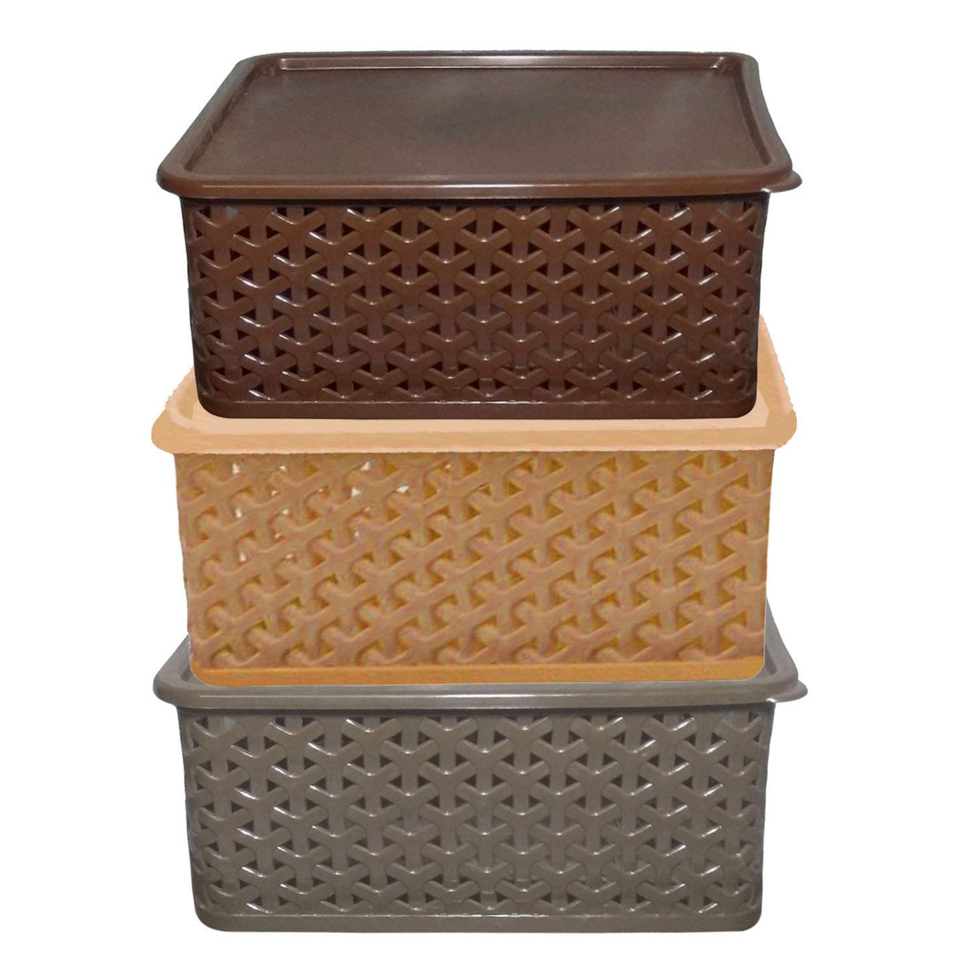 Kuber Industries Plastic 3 Pieces Small Size Multipurpose Solitaire Storage Basket with Lid (Multi)