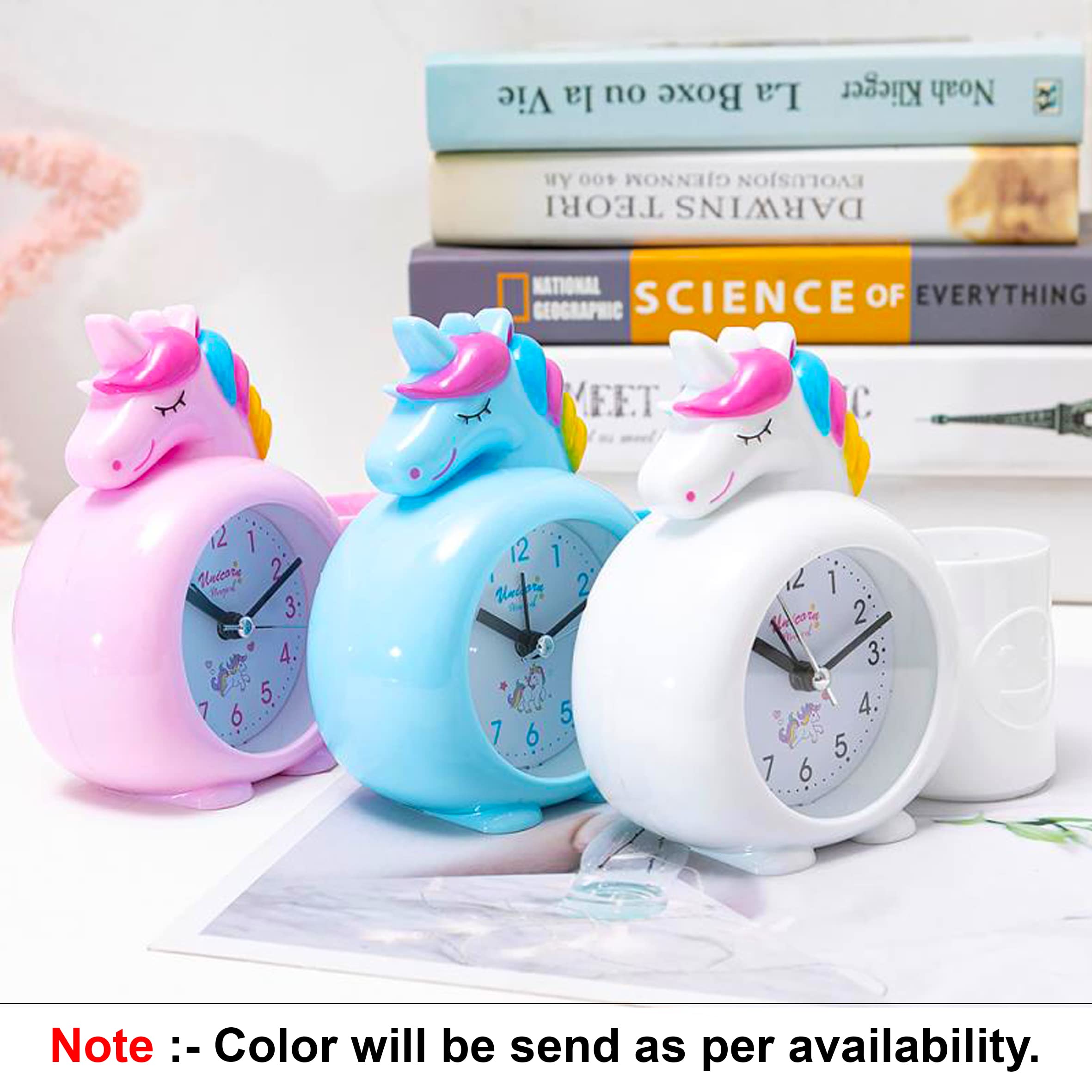 PARTEET Alarm Clock with Pen Holder for Kids, Bedroom Unicorn Alarm Clock, Watch for Girls Loud Bell Alarm Table Clock for Heavy Sleepers (Assorted Colour)