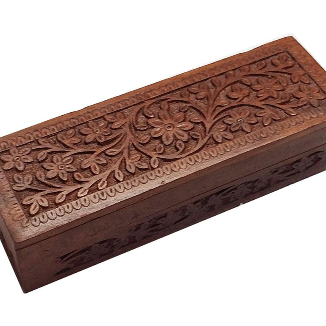 Meenakshi Handicraft Emporium Rectangular Handmade Wooden Box with Intricate Carvings , Brown , 8.5 x 2.75 x 2.25 inches