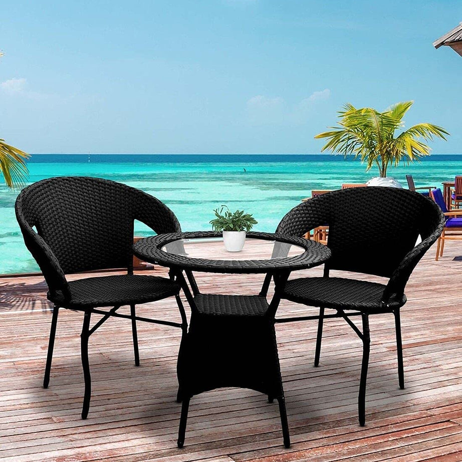 CORAZZIN Garden Patio Seating Chair and Table Set Outdoor Balcony Garden Coffee Table Set Furniture with 1 Table and 2 Chairs Set (Black), Rattan, 22 Inch, 24 Inch, Inch