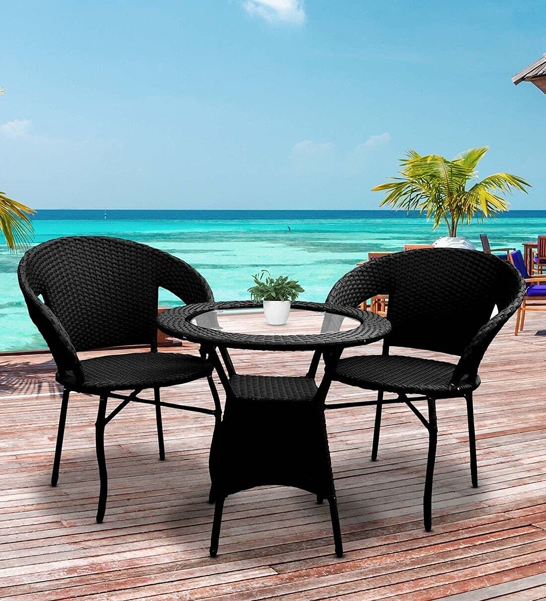 CORAZZIN Garden Patio Seating Chair and Table Set Outdoor Balcony Garden Coffee Table Set Furniture with 1 Table and 2 Chairs Set (Black), Rattan, 22 Inch, 24 Inch, Inch