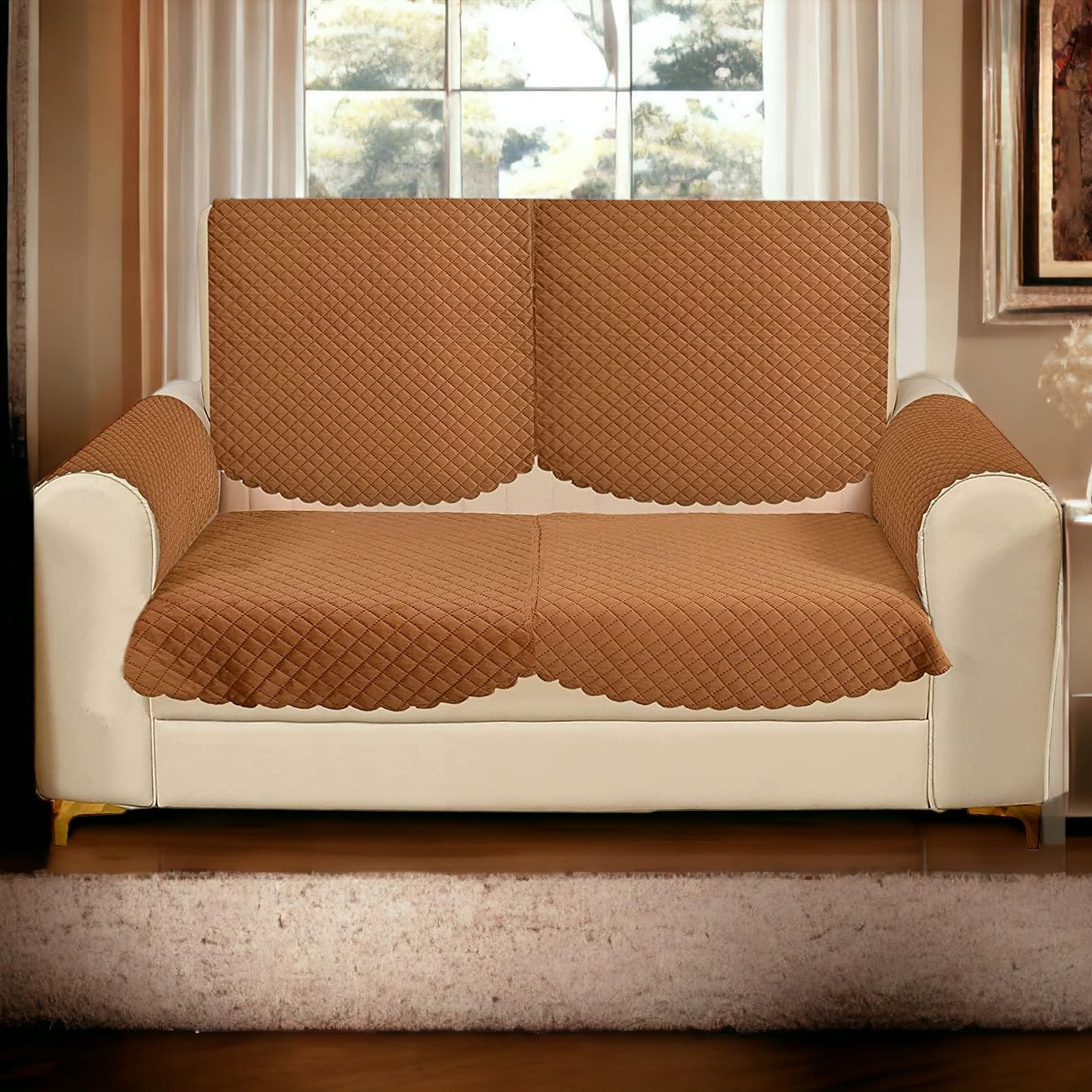 CASA-NEST 2 Seater Self Design Quilted Sofa Cover with Arm Cover, Set of 4 Pieces. (2 Seater + Arm Cover, Brown)