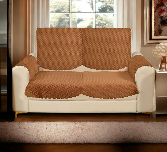 CASA-NEST 2 Seater Self Design Quilted Sofa Cover with Arm Cover, Set of 4 Pieces. (2 Seater + Arm Cover, Brown)