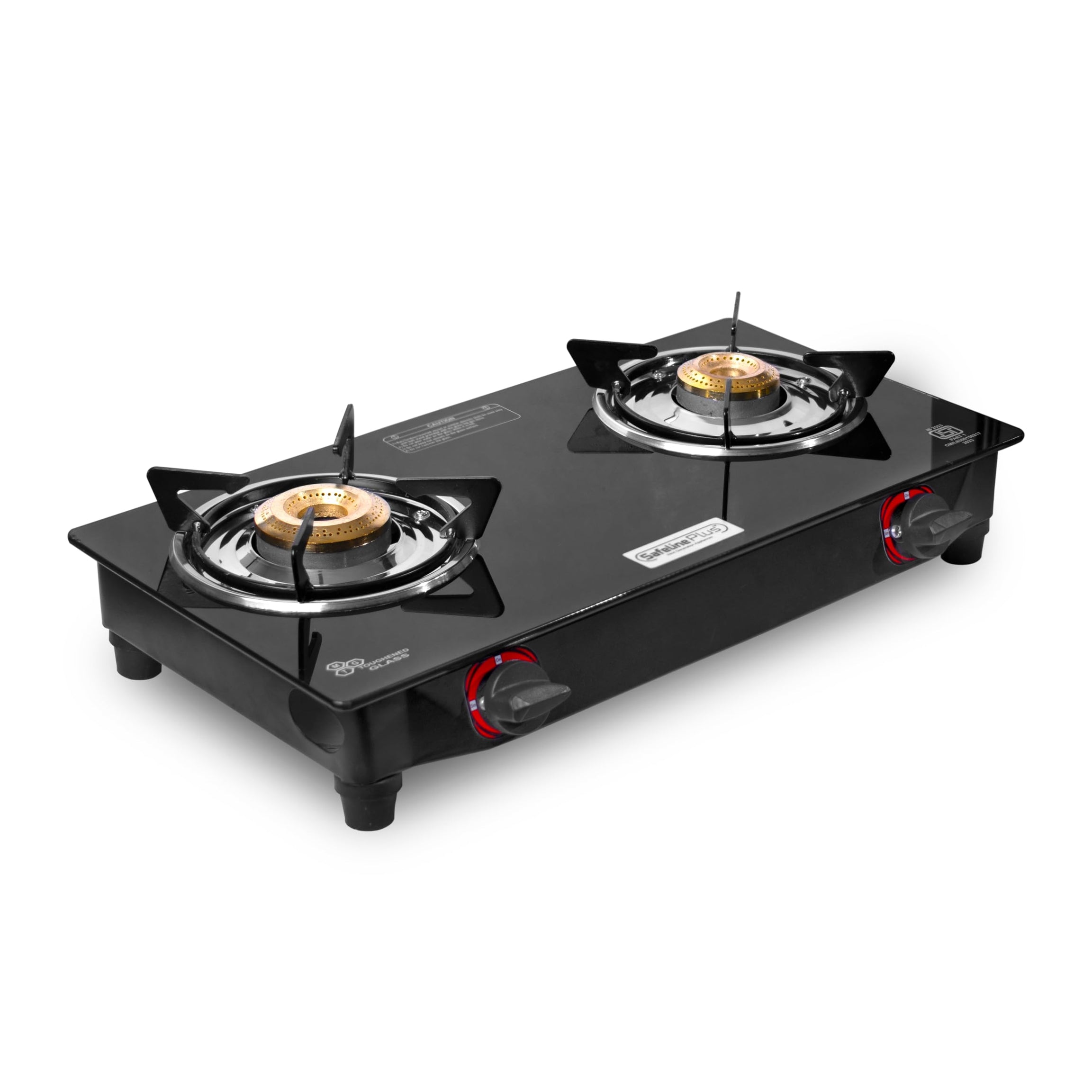 Safeline Plus Gas Stove Top for Modular Kitchen Magic Brass 2 Burner 6mm Top Toughened Glass ISI Certified & Compatible with LPG - Black Manual Ignition