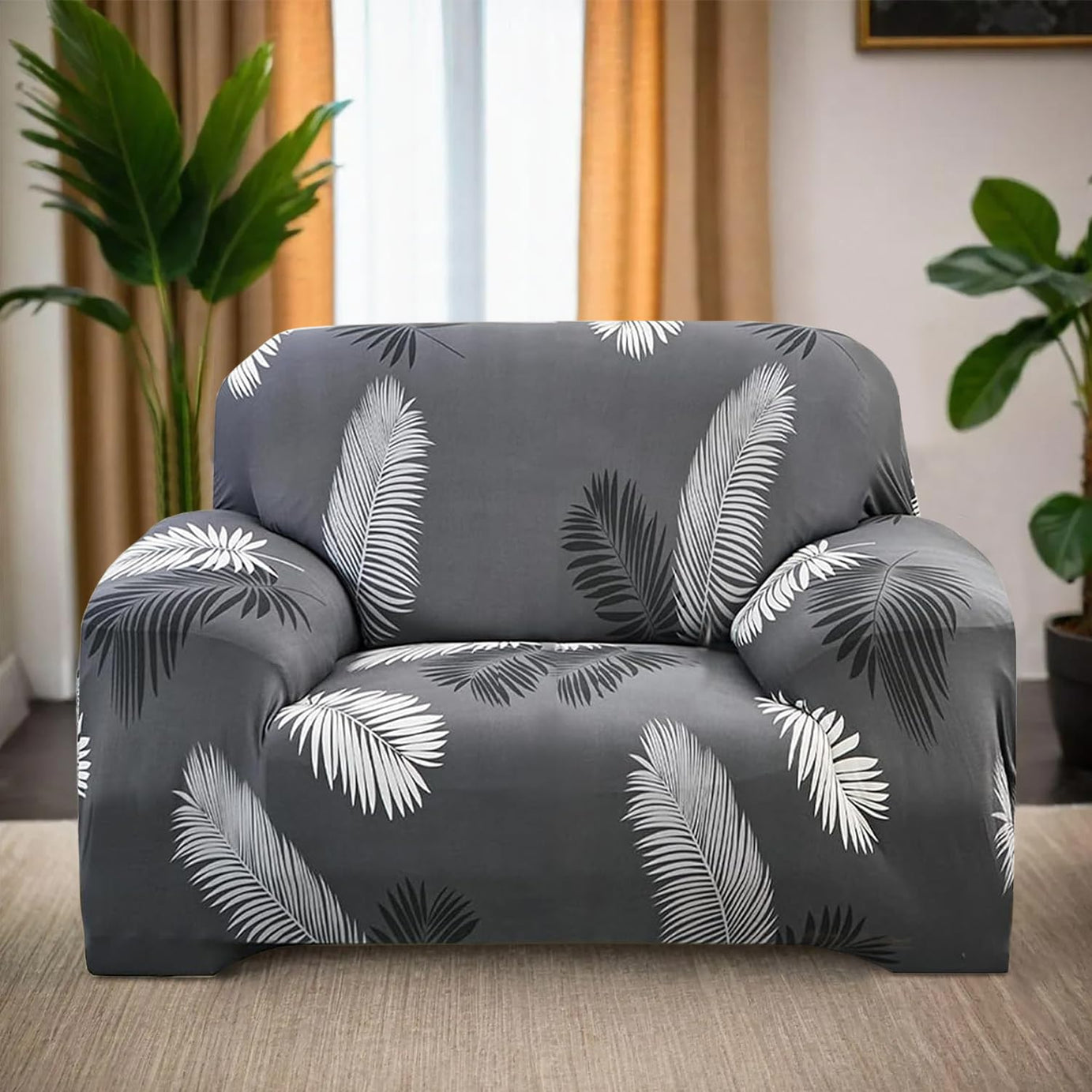 Lukzer Universal 1 Seater Sofa Cover with 1 Pillow Case 140 GSM Big Elasticity Slipcover for Couch Protector Stretchable (Grey Leaves Design/90-140cm) SC-006-01