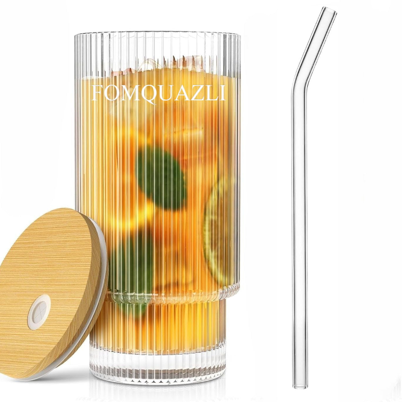 FOMQUAZLI Ribbed Drinking Glasses with Wooden Lid and Glass Straws, 450ML Glass Cups Vintage Fluted Glassware Iced Coffee Cup, Coffee Bar Accessories for Whiskey Cocktail Beer Coffee Tea Tumbler 1Pcs