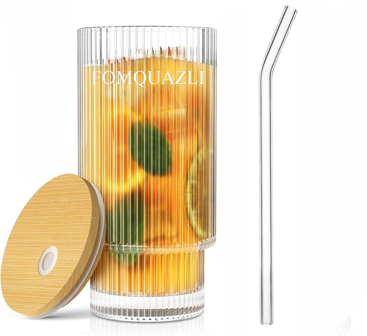 FOMQUAZLI Ribbed Drinking Glasses with Wooden Lid and Glass Straws, 450ML Glass Cups Vintage Fluted Glassware Iced Coffee Cup, Coffee Bar Accessories for Whiskey Cocktail Beer Coffee Tea Tumbler 1Pcs