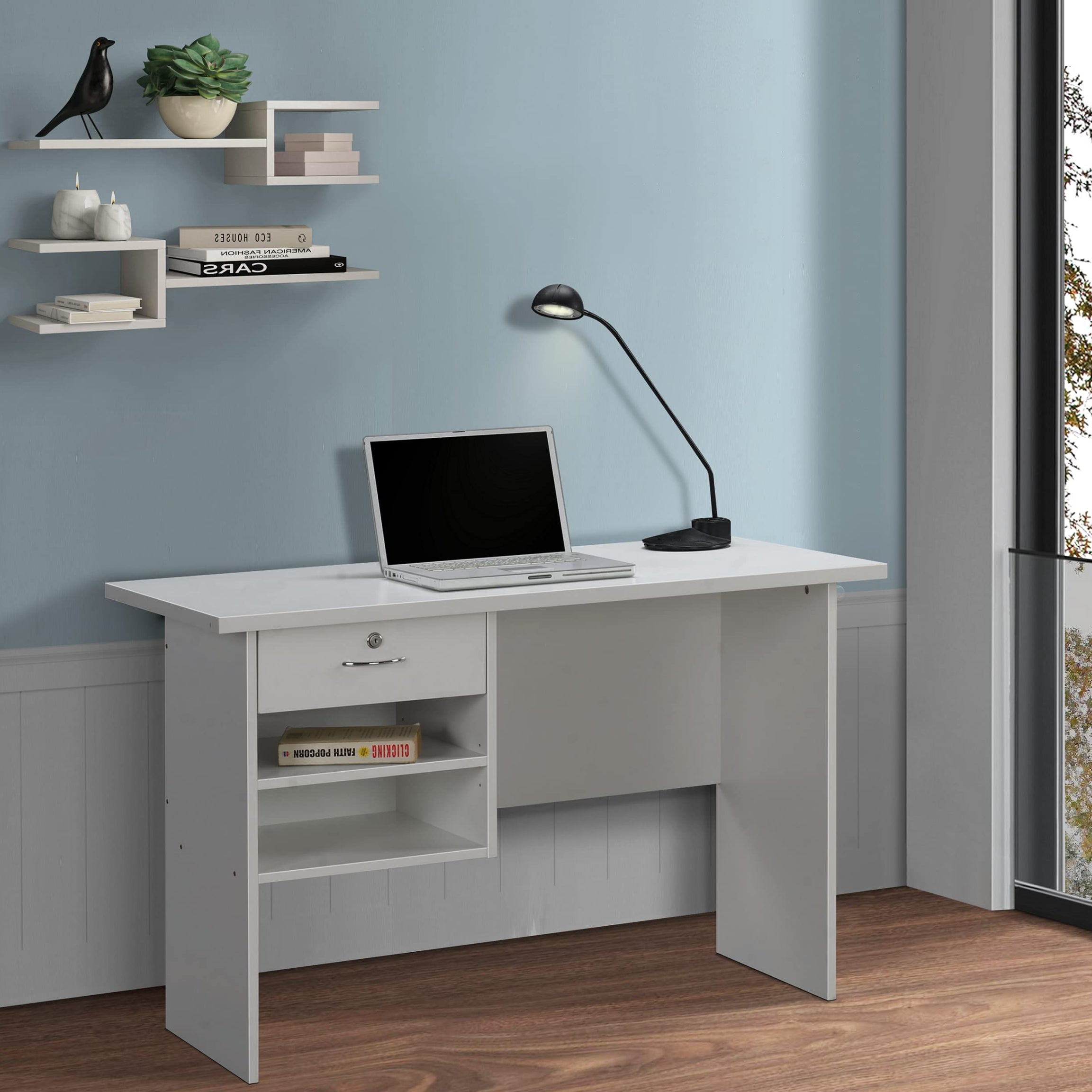 DeckUp Plank Giona Engineered Wood Study Table and Office Desk (White, Matte Finish)