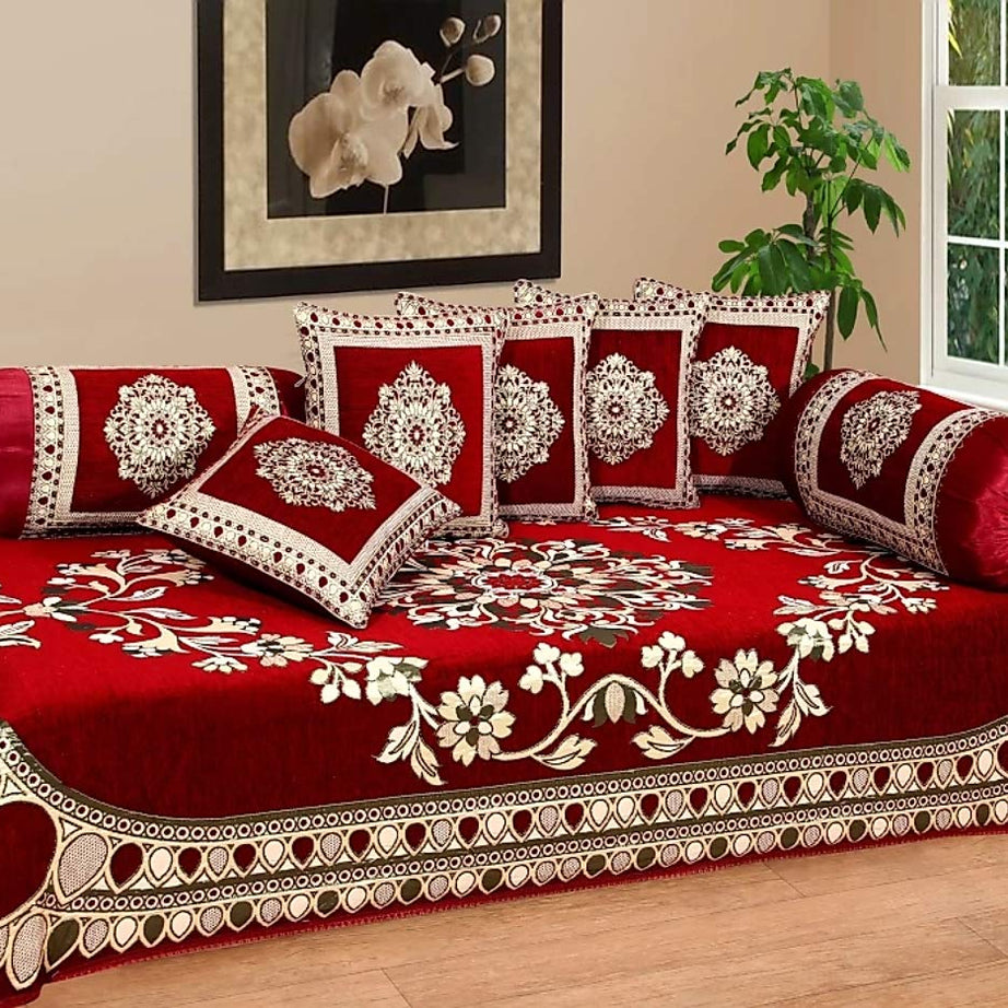 FRESH FROM LOOM Velvet Floral 500 TC Diwan Set Red - 1 Single Bedsheet with 2 Bolster Covers and 5 Cushion Covers (8pc Set)