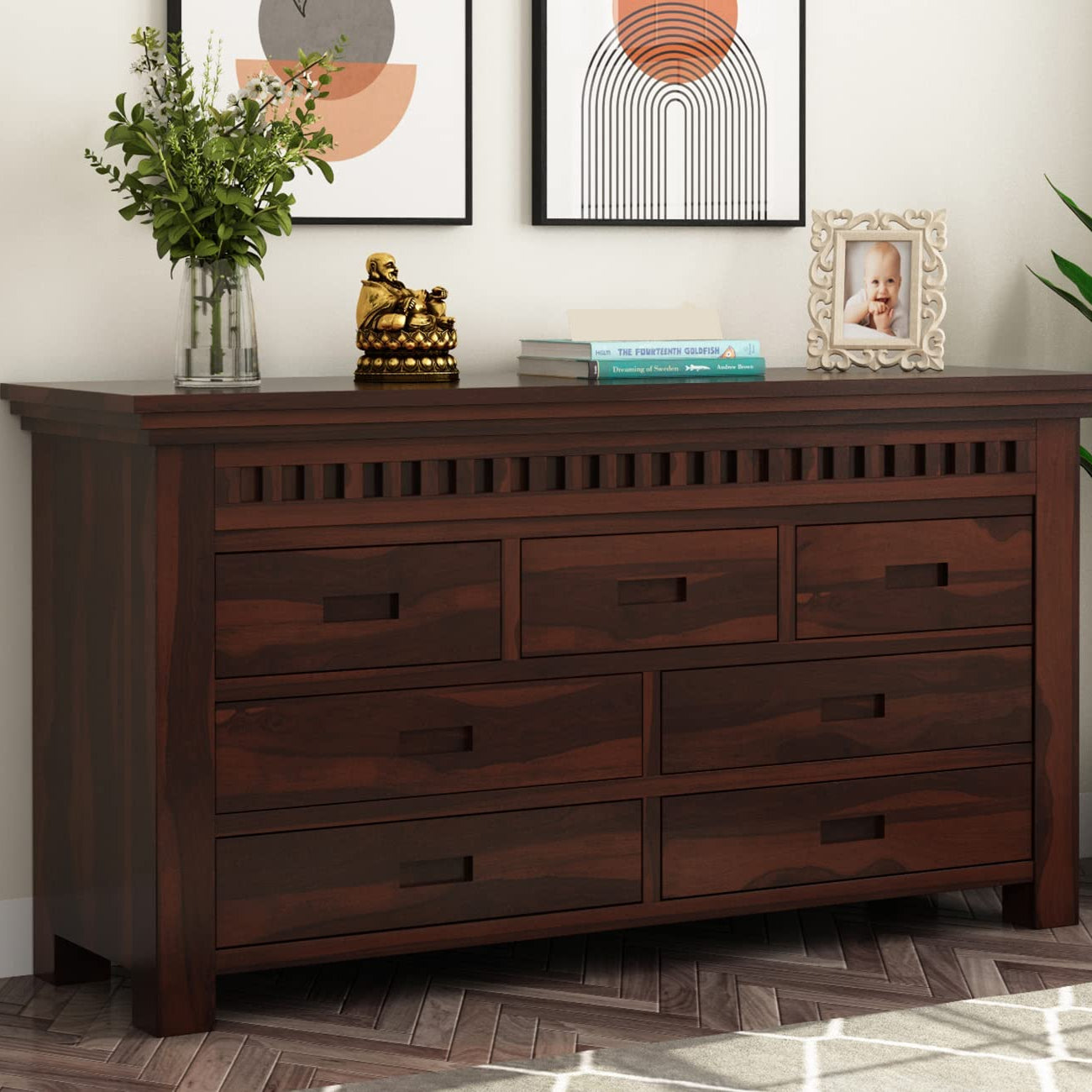 BAGARI ARTS Solid Sheesham Wood Wooden Chest of Drawers with 7 Drawer Storage for Living Room(Walnut Finish)