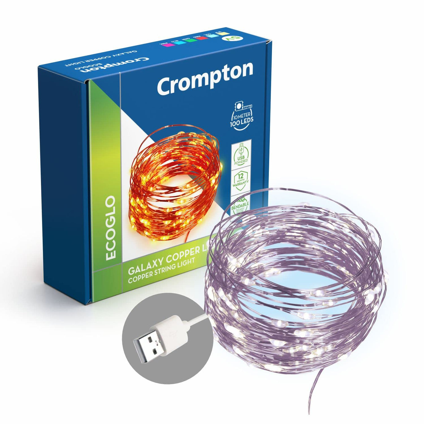 Crompton Galaxy Decoration Copper USB Powered String Fairy Lights with 100 Led Light (10 Meters, Cool Day Light, Pack of 1)