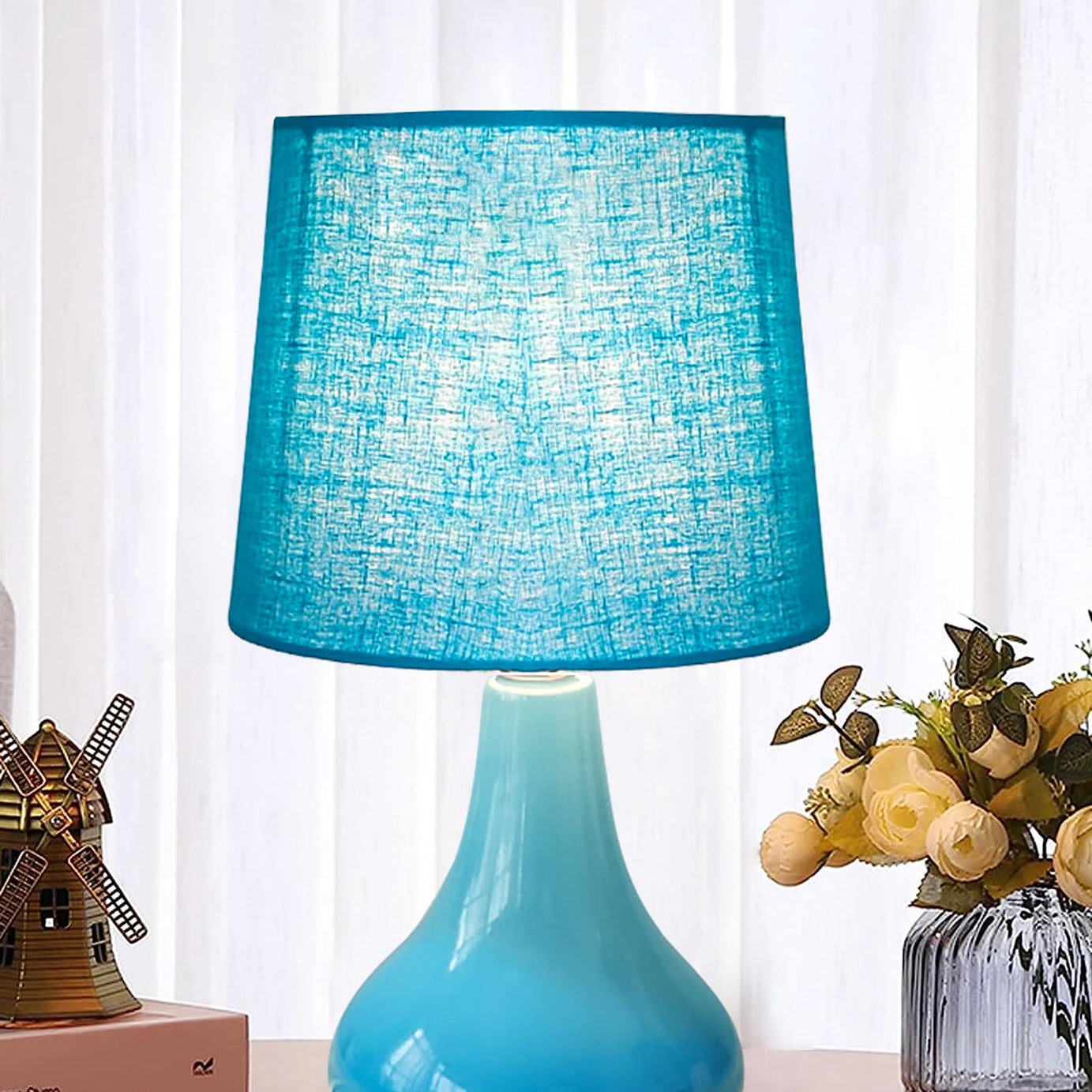 Homesake Modern Small Ceramic LED Table Lamp, Classic Bedside Desk Lamp For Living Room Bedroom, Farmhouse Nightstand Lamps With Fabric Shade (Blue)