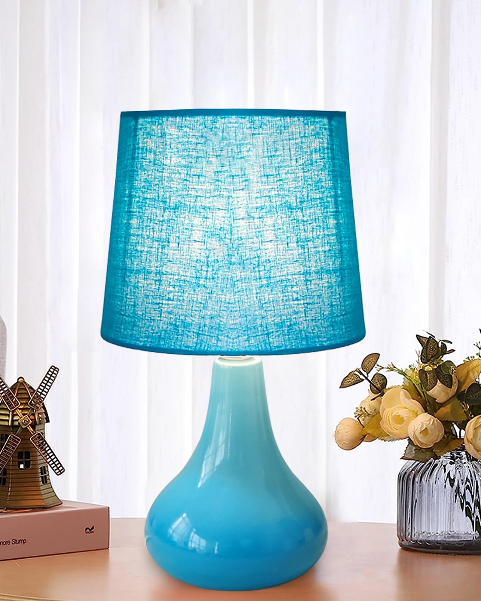 Homesake Modern Small Ceramic LED Table Lamp, Classic Bedside Desk Lamp For Living Room Bedroom, Farmhouse Nightstand Lamps With Fabric Shade (Blue)