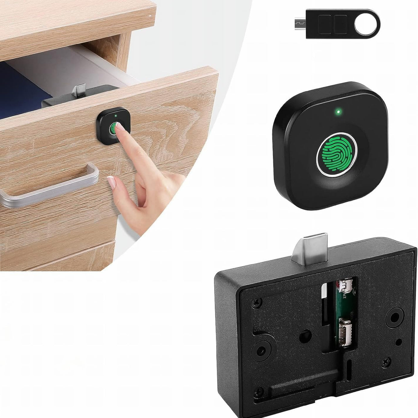 Escozor Fingerprint Drawer Lock, Smart Biometric Cabinet Lock, Safety Electric Fingerprint Lock, Drawer Wardrobe Lock, Furniture Privacy Lock (With Each Lock Having Different E-Key), Black