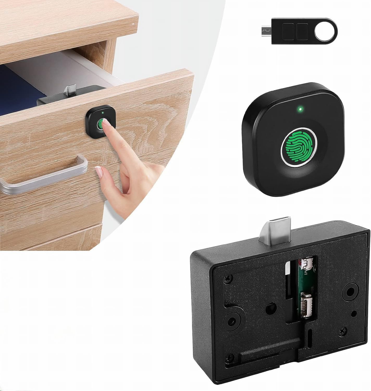 Escozor Fingerprint Drawer Lock, Smart Biometric Cabinet Lock, Safety Electric Fingerprint Lock, Drawer Wardrobe Lock, Furniture Privacy Lock (With Each Lock Having Different E-Key), Black