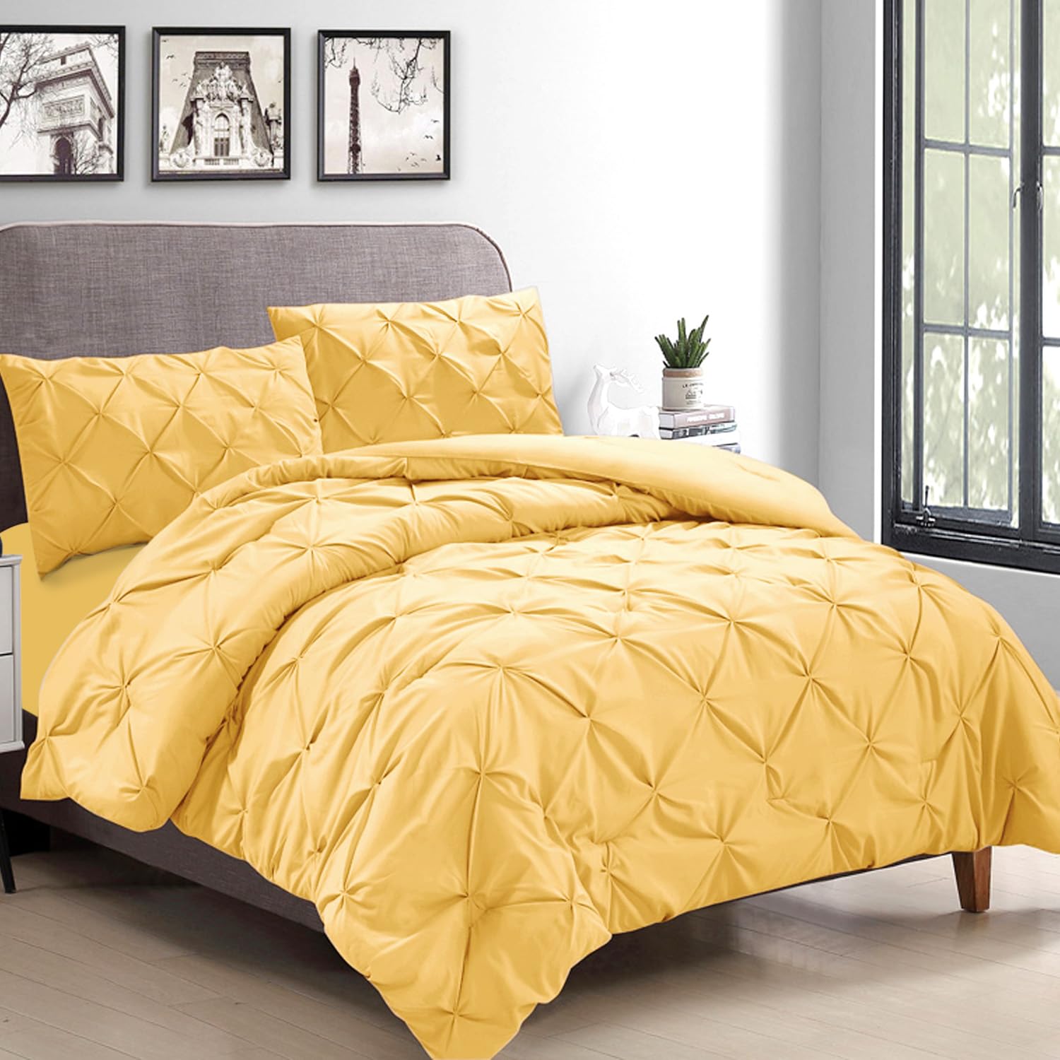 Maple&Finch Bedding Set for Double Bed Queen, Pinch Pleat, Yellow, (AR-4880-YLW)