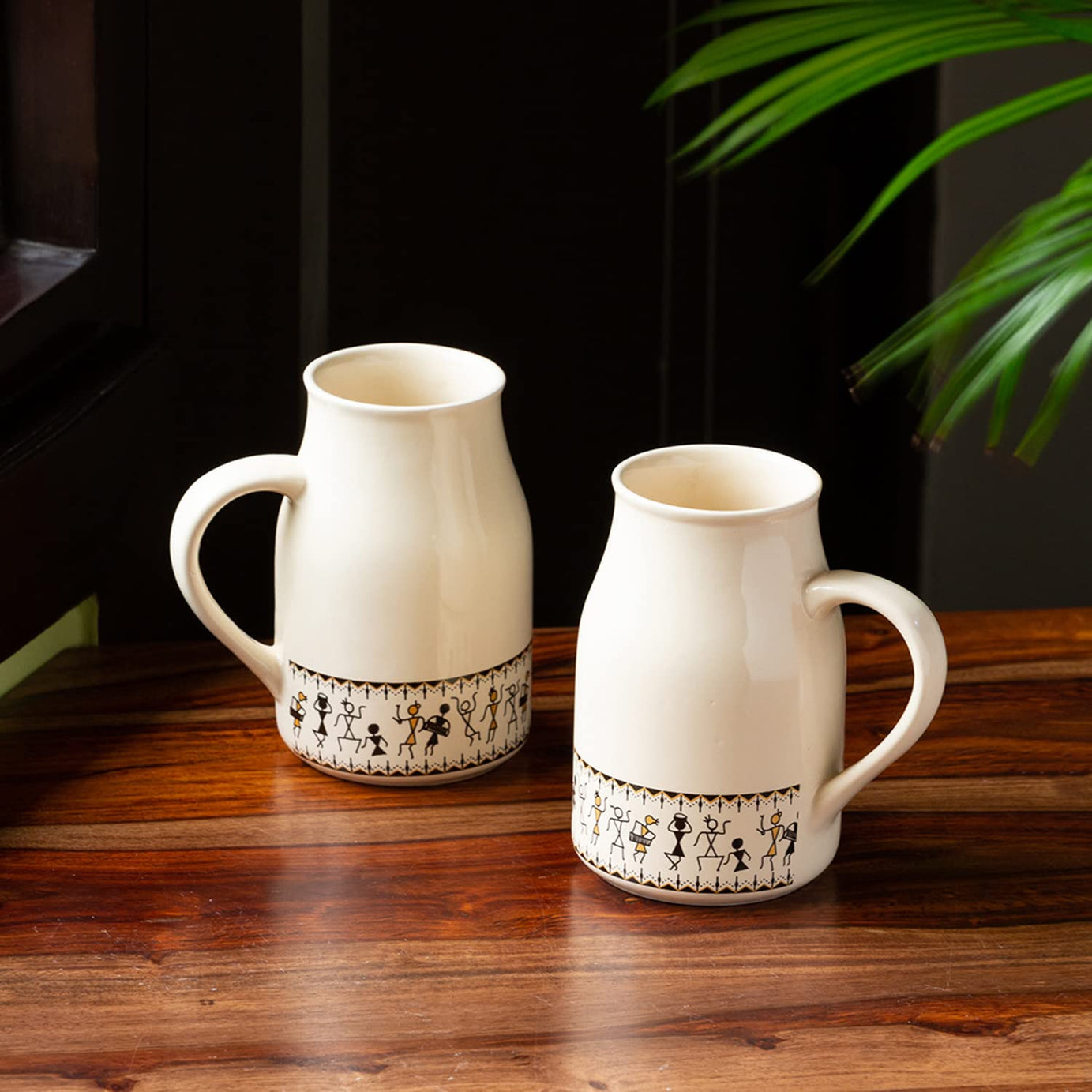 ExclusiveLane 'Whispers of Warli' Handcrafted Ceramic Beer Mugs Set of 2 & Ceramic Coffee Mug Milk Mugs (430 ML, Microwave Safe, Dishwasher Safe)