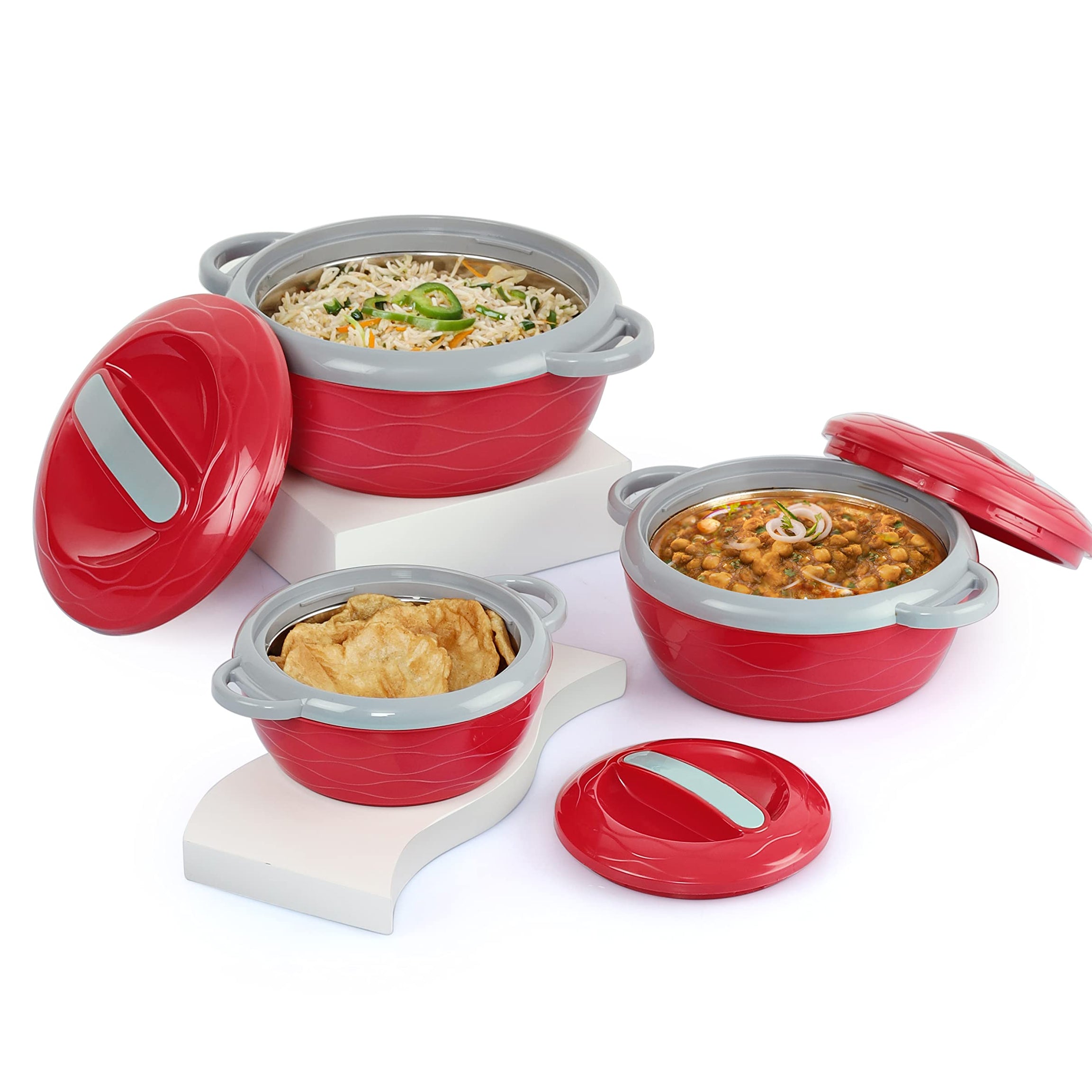 CELLO Stainless Steel Hot n Fresh Casserole Set with Inner Steel, Set of 3 (500ml, 1000ml, 1500ml), Red